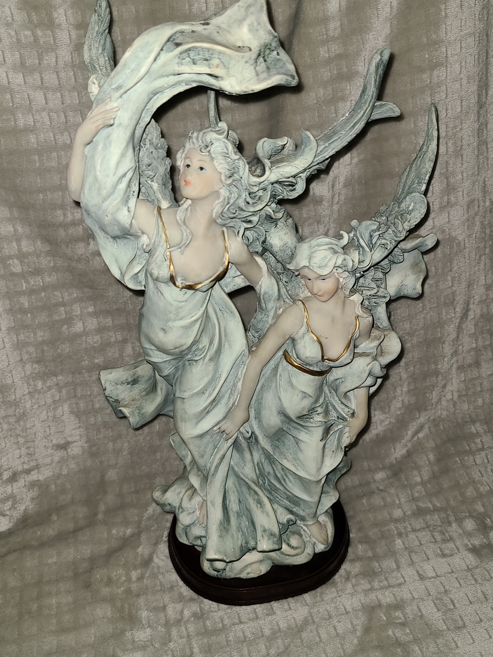 Elegant Twin Angels Resin Sculpture in Pale Green with Gold Trim